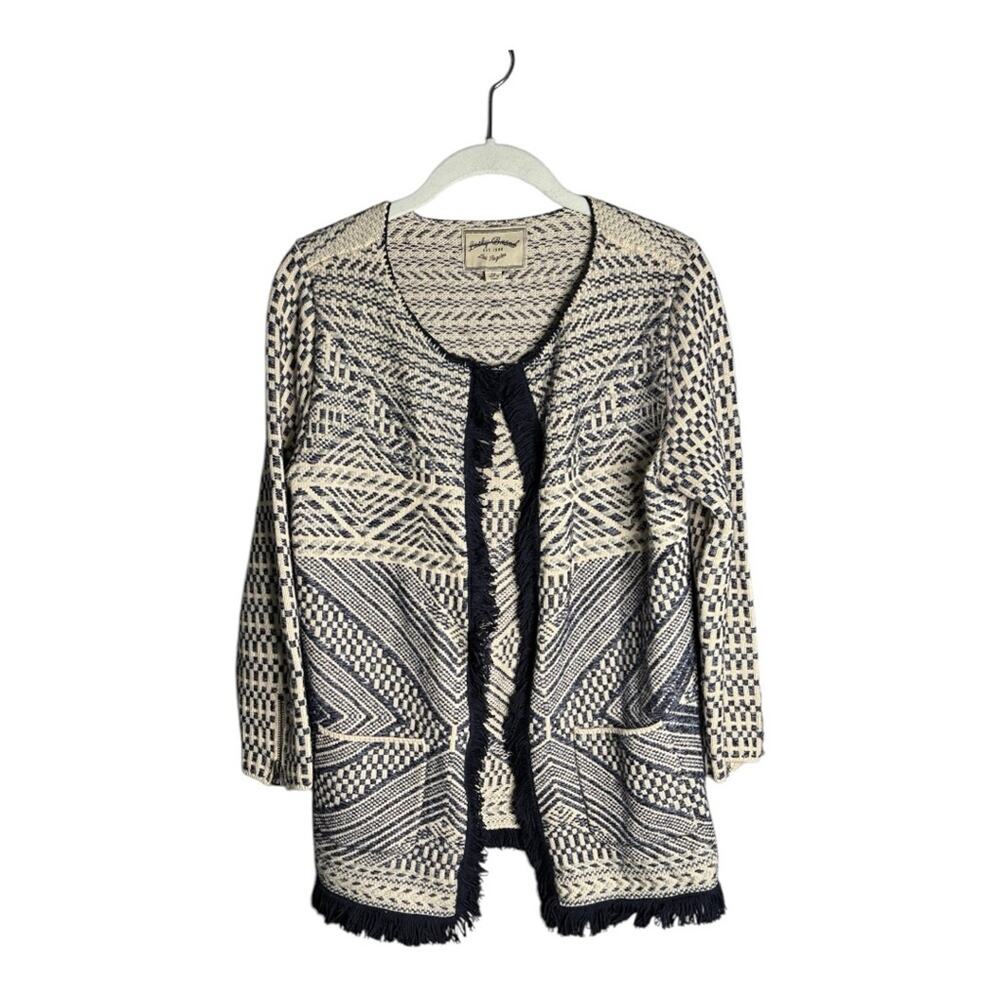 Lucky Brand Blue White Open Cardigan Sweater Fringe Trim Medium